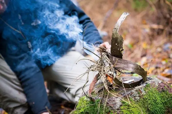 Zunder glimmt auf einem Baumstumpf, Rauch steigt auf