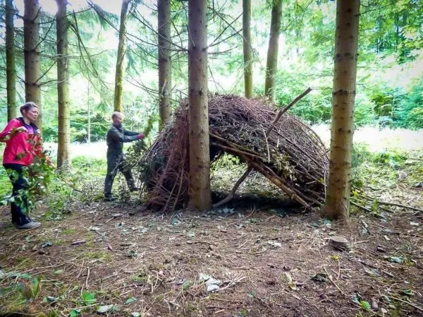 Zwei Personen bauen eine Laubhütte aus Ästen und Zweigen im Wald
