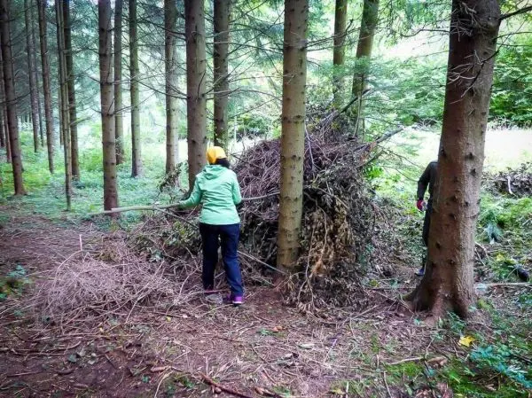 Zwei Personen bauen eine Laubhütte aus Ästen und Zweigen im Wald