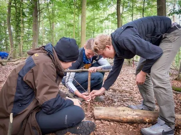 Drei Personen bauen gemeinsam eine Schlagfalle aus Holzstücken im Wald