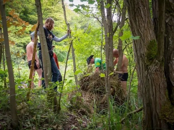 Gruppierung arbeitet an einem Zundernest aus Gras und Ästen im Wald