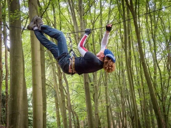 Person hängt an einer Seilquerung zwischen Bäumen im Wald