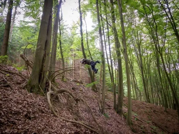 Person schwingt sich an einem Seil zwischen Bäumen