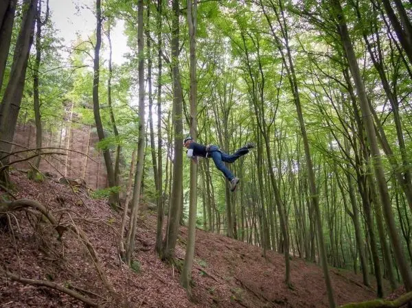 Person schwingt zwischen Bäumen im Wald beim Überlebenstraining