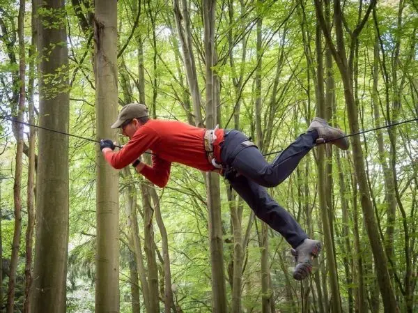Überquert eine selbstgebaute Seilbrücke zwischen zwei Bäumen