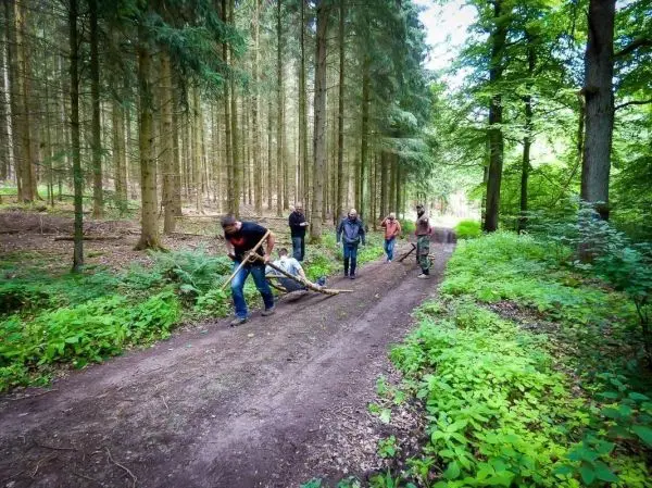 Gruppe zieht improvisierte Trage mit Holzstücken auf Waldweg entlang