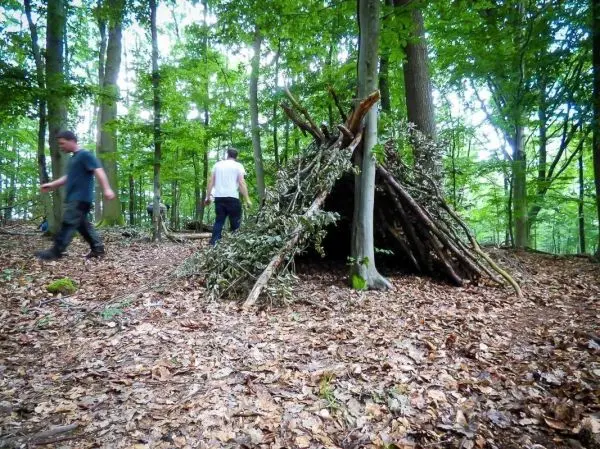 Selbstgebaute Tarp-Notunterkunft aus Ästen und Blättern im Wald