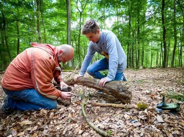 Zwei Personen arbeiten an einer Holzstruktur im Wald