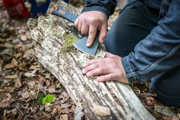Messer schneidet in einen Holzstamm, während eine Hand das Holz stabilisiert
