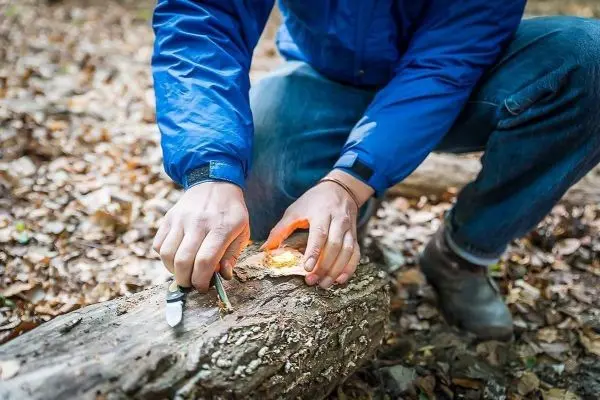 Person entzündet Feuer mit einem Feuerstein auf einem Baumstamm beim Survival Training
