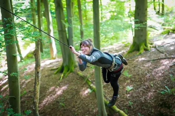 Person schwingt an Seil zwischen Bäumen im Wald