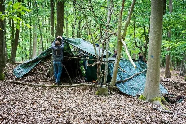 Personen bauen eine Unterkunft aus Planen und Ästen im Wald