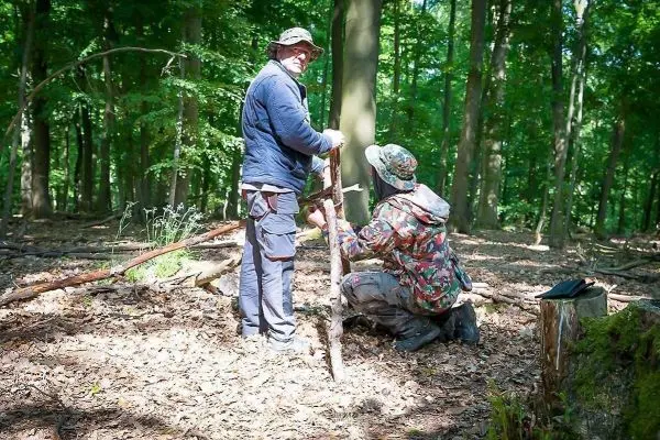 Zwei Personen arbeiten im Wald an einer Holzstruktur mit Stöcken