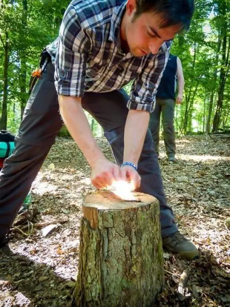 Feuerstahl erzeugt Funken auf einem Holzstück im Wald