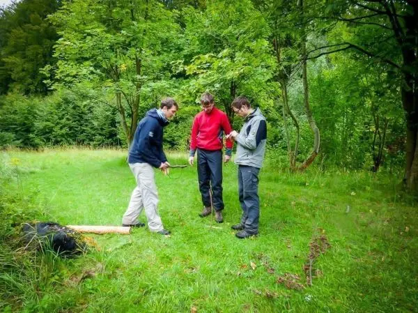 Drei Personen stehen auf einer Wiese und betrachten ein Holzstück