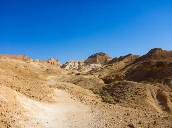 Trockene, hügelige Landschaft mit einem klaren blauen Himmel im Hintergrund