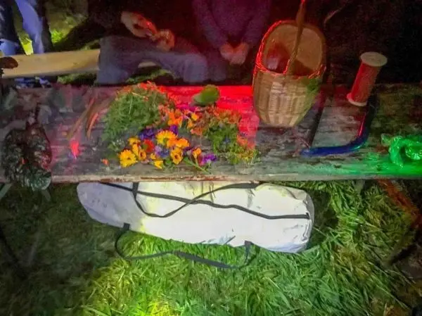 Holztisch mit Kräutern, Blumen und einem Korb, umgeben von grünem Gras