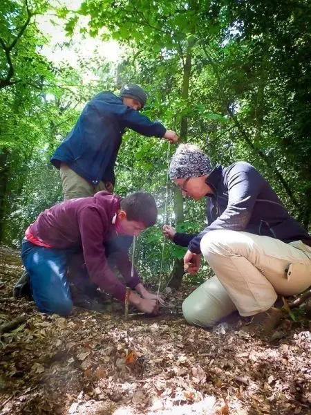 Drei Personen bauen eine selbstgebaute Seilbrücke im Wald auf