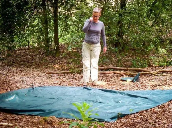 Frau steht neben einer ausgebreiteten Tarp-Notunterkunft im Wald