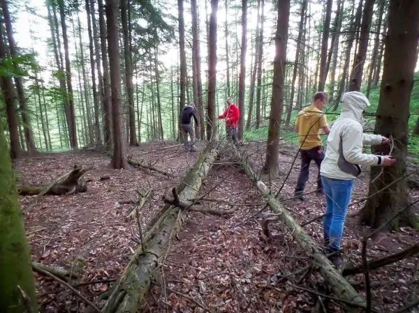 Gruppe arbeitet an einer selbstgebauten Konstruktion aus Baumstämmen im Wald