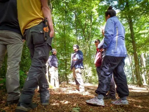 Gruppe steht im Wald und diskutiert über Überlebenstechniken