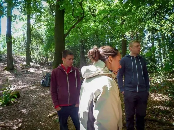 Gruppe steht im Wald zwischen Bäumen und bespricht sich