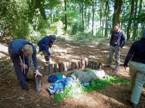 Gruppierung von Personen baut eine Holzbarriere aus Baumstämmen im Wald
