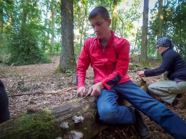 Junge schnitzt mit einem Messer an einem Baumstamm im Wald