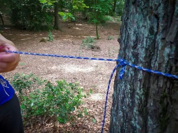 Person bindet ein blaues Seil um einen Baum