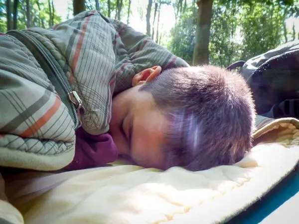 Person liegt schlafend auf einer Decke im Wald