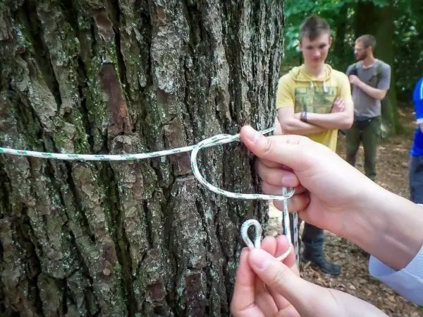 Seil wird um einen Baumstamm geschlungen und mit einer Schlaufe gesichert