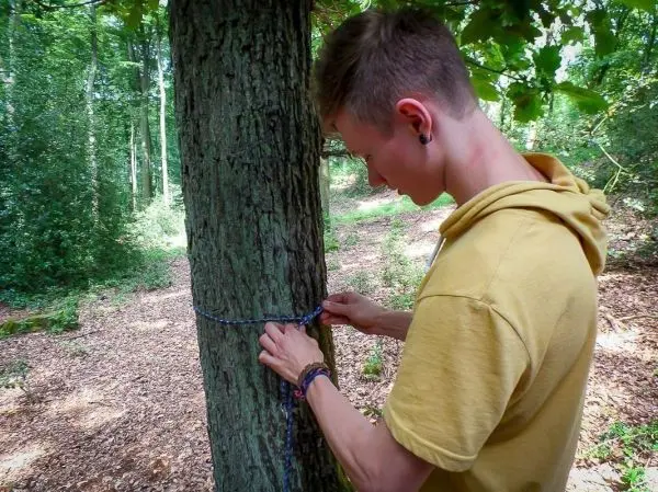 Seil wird um einen Baumstamm gewickelt und befestigt
