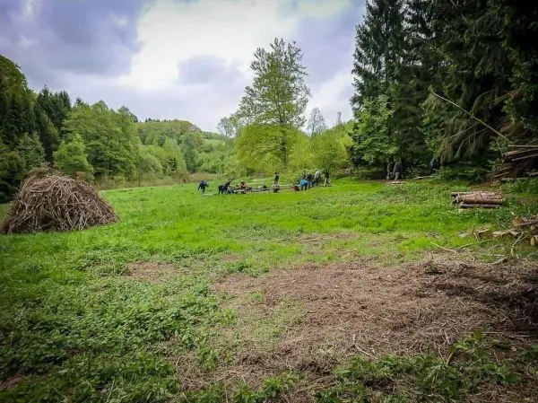 Grüne Wiese mit mehreren Personen, die an einer Holzstruktur arbeiten