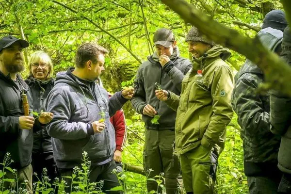Gruppe diskutiert essbare Pflanzen im Wald, einige halten Blätter in der Hand