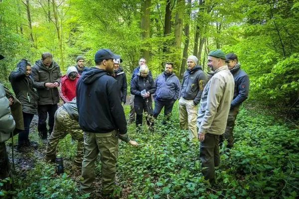 Gruppe diskutiert im Wald über Pflanzen und Überlebenstechniken