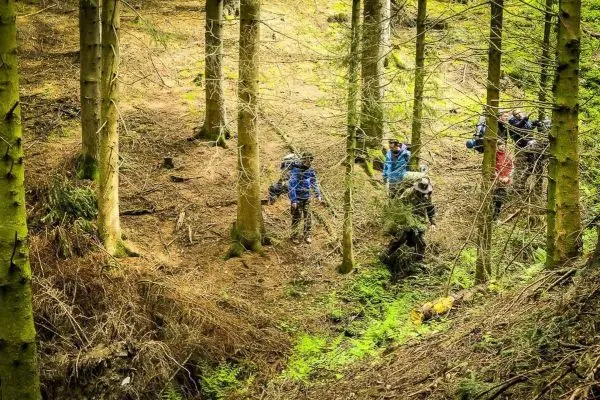Gruppe von Personen im Wald, einige tragen Rucksäcke und Ausrüstung