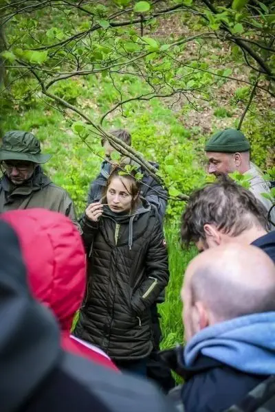 Gruppendiskussion im Wald mit mehreren Personen und grüner Umgebung