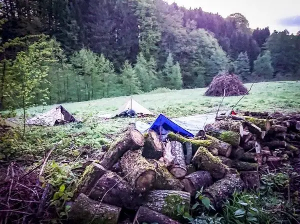 Holzstapel vor mehreren Tarp-Notunterkünften in einer Waldlichtung