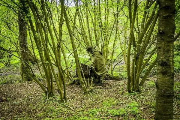 Person sitzt zwischen Bäumen und bearbeitet einen Baumstamm im Wald