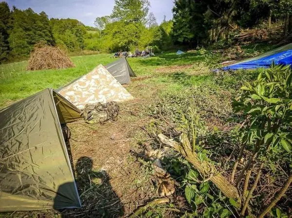 Zwei Tarp-Notunterkünfte stehen auf einer Wiese, umgeben von Bäumen und Sträuchern