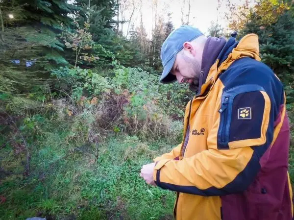 Mann prüft Ausrüstung in bewaldeter Umgebung