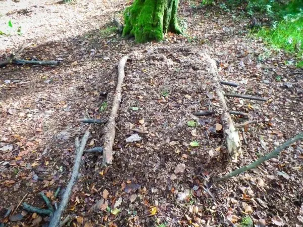 Selbstgebaute Konstruktion aus Ästen und Laub im Wald