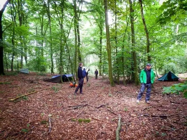 Grüne Tarp-Notunterkünfte stehen im Wald, mehrere Personen bewegen sich zwischen den Bäumen