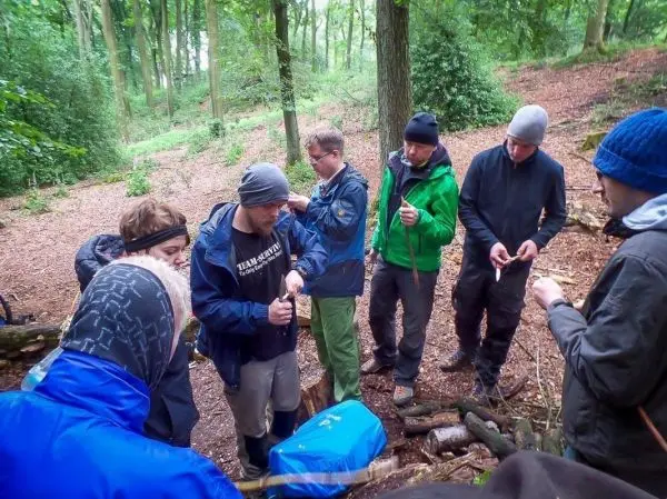 Gruppe arbeitet an Holzstücken und Werkzeugen im Wald