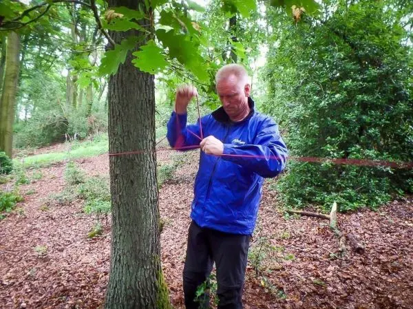 Person knotet ein rotes Seil um einen Baum