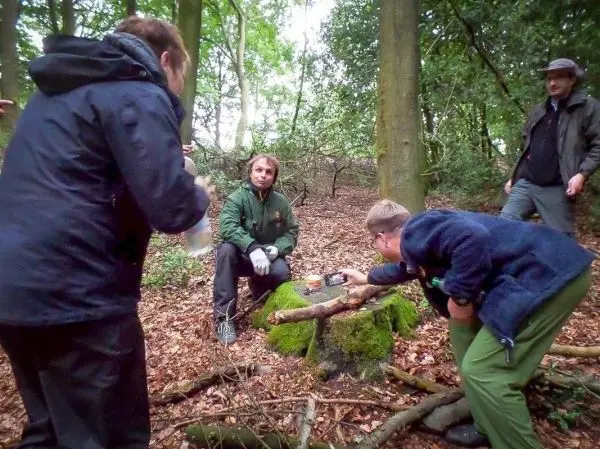 Personen bereiten eine Kochstelle mit Holz und einem Topf auf einem moosbedeckten Stein vor