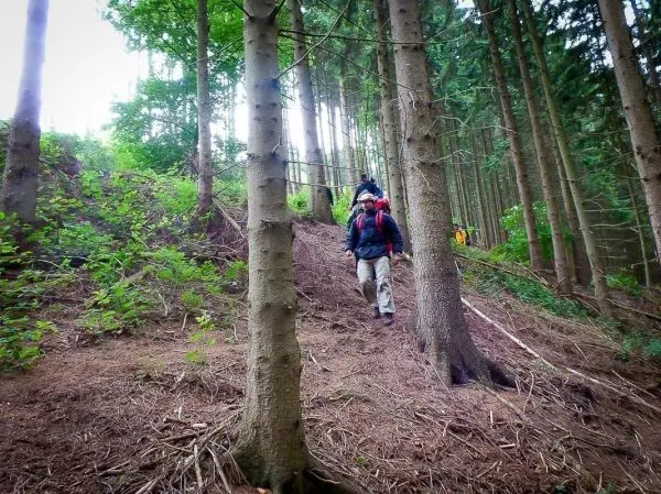 Wanderer mit Rucksack steigt einen steilen Waldweg hinauf