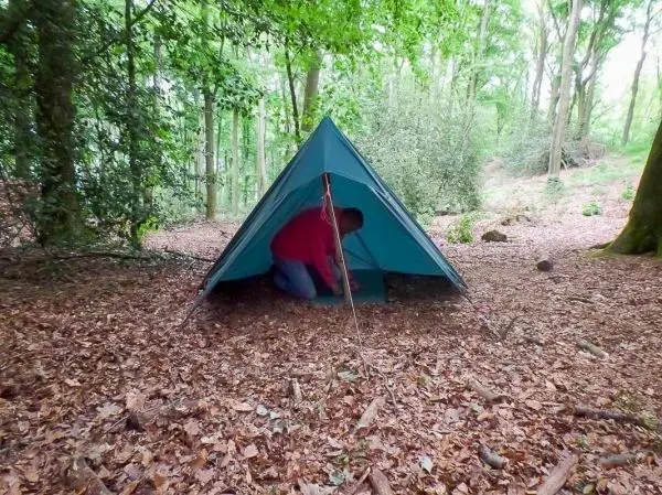 Mann richtet Tarp-Notunterkunft im Laubwald ein