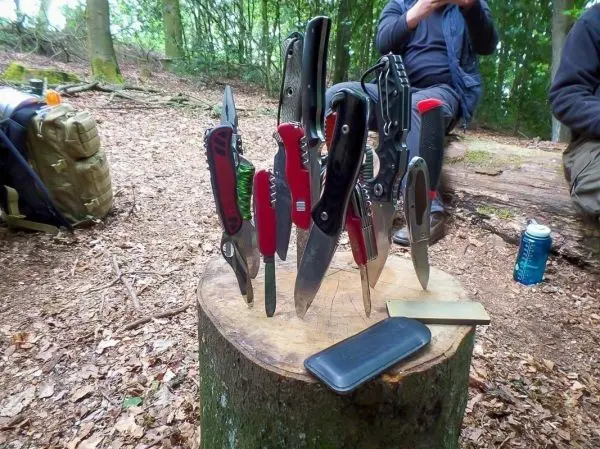 Mehrere Taschenmesser stecken in einem Baumstumpf, daneben liegt ein Holzstück