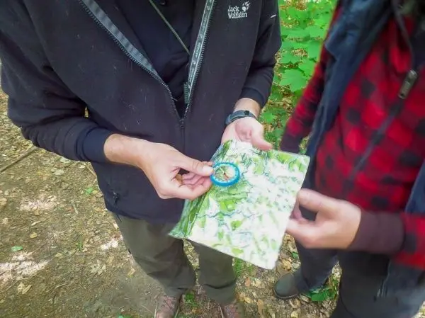 Person zeigt Kompass auf einer Karte im Wald